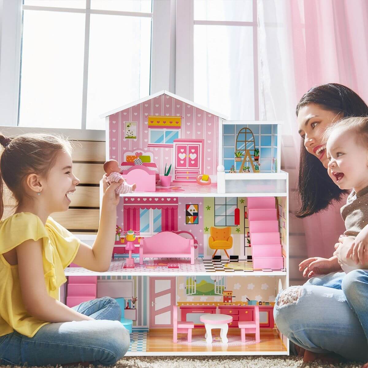 3 Aukštų Medinis Lėlių Namelis Lėlių Namas