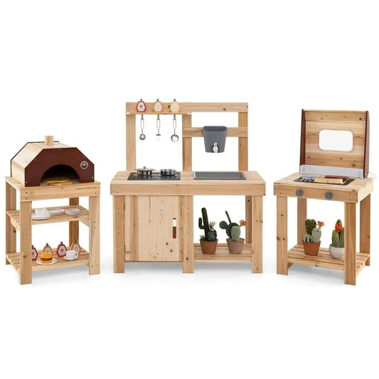 3 Dalių Vaikiška Medinė Lauko Virtuvėlė Su Griliu Ir Picos Krosnimi Vaikiškos lauko virtuvėlės