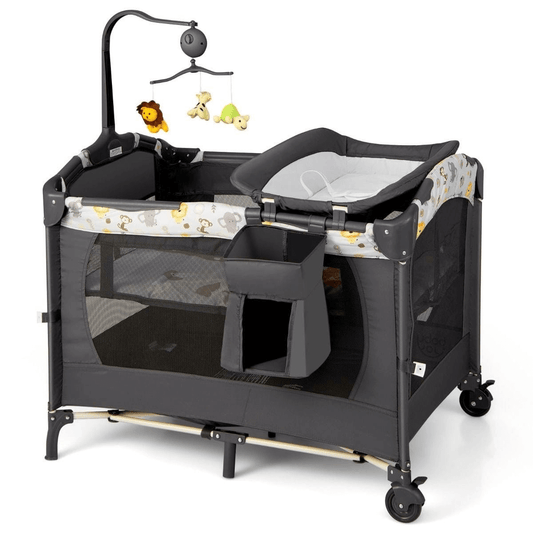 3in1 Kelioninė Lovelė Kūdikiams Su Vystymo Stalu ir Muzikiniu Žaislu, 107 × 72 cm, Tamsiai Pilka Lovytė Kūdikiui