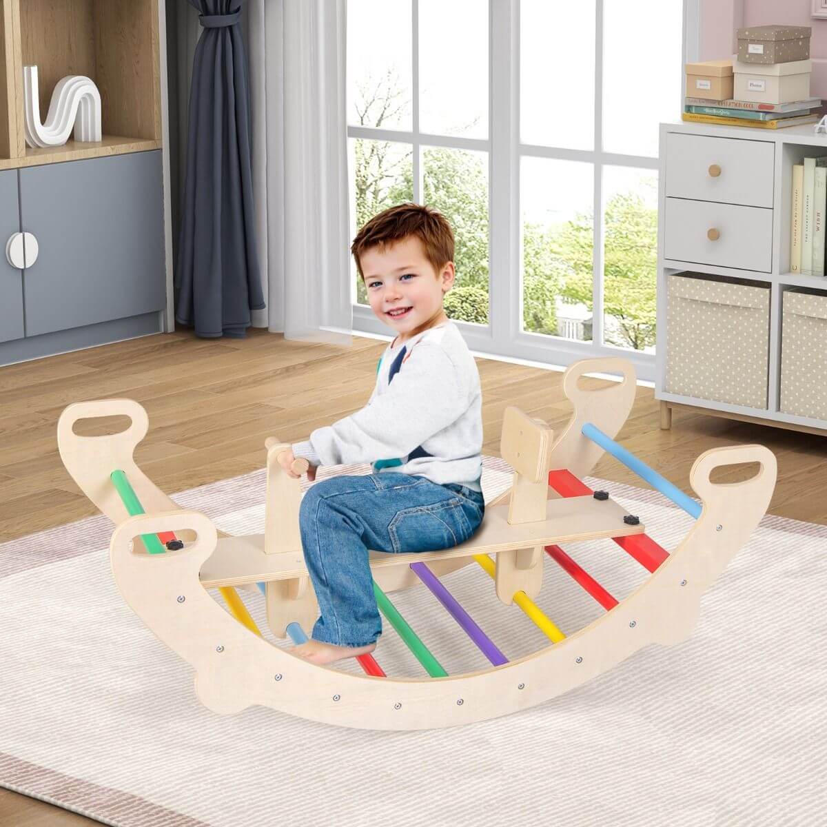 4-in-1 Medinė Žaidimų Aikštelė Vaikams Supynė Rokeris, Laipiojimo Arka 3049 Sūpynės ir Žaidimų Aikštelės
