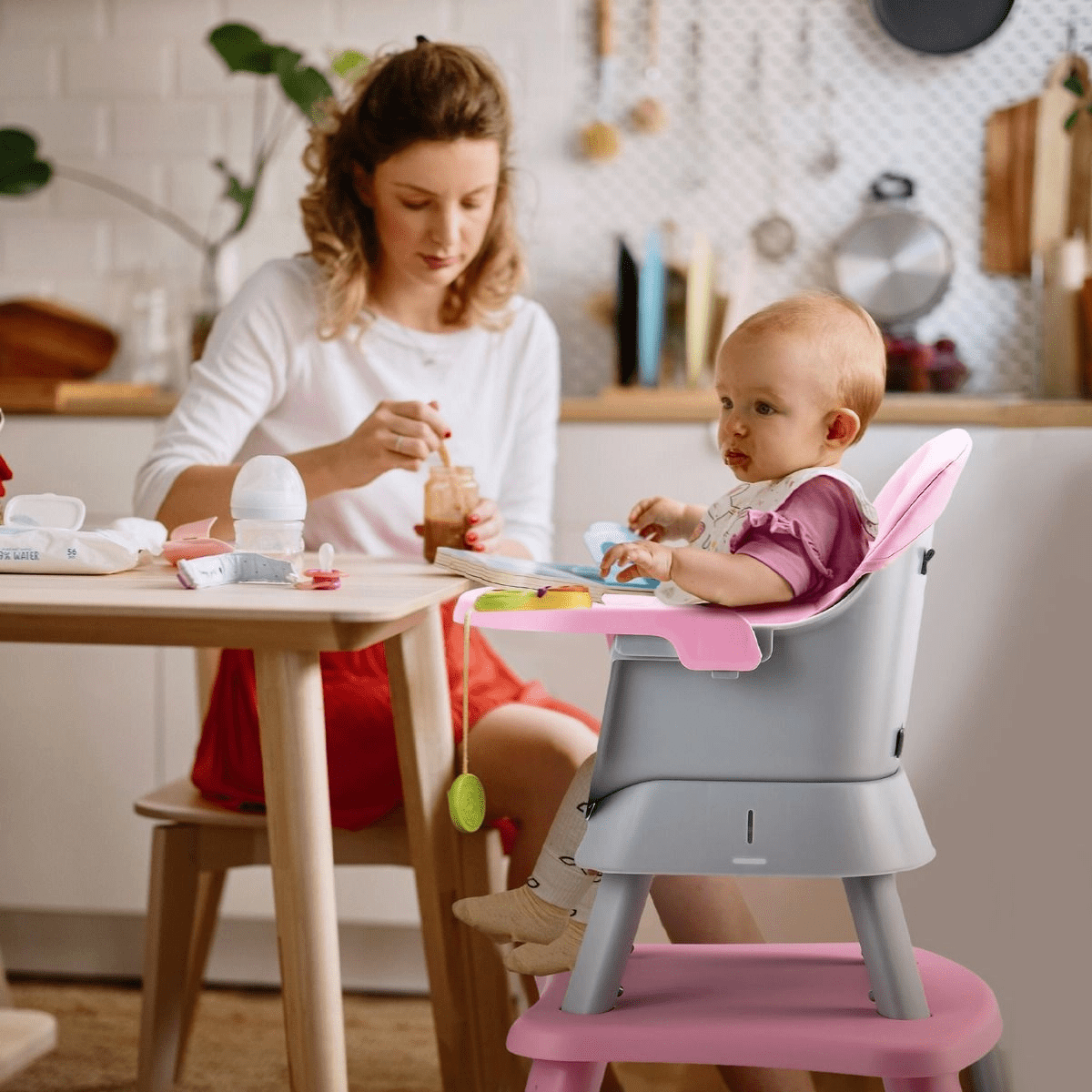 6-in-1 Kūdikių Maitinimo Kėdutė Rožinė Ir Pilka 6 iki 36 mėn. Maitinimo Kėdutės