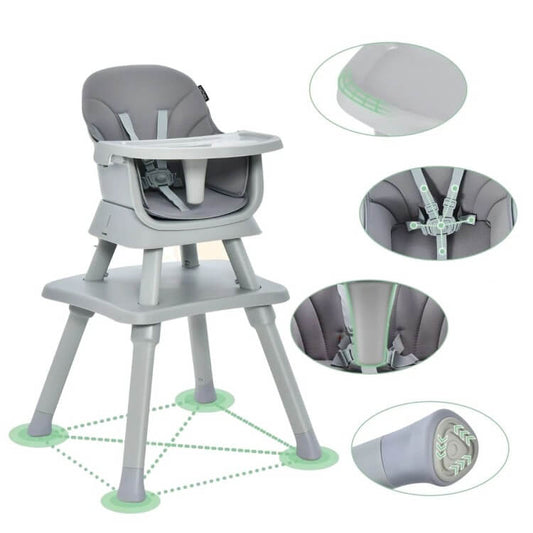 6 in 1 Vaikiška Maitinimo Kėdutė Su Padėklu, Su Staliuku, Pilka Maitinimo Kėdutės