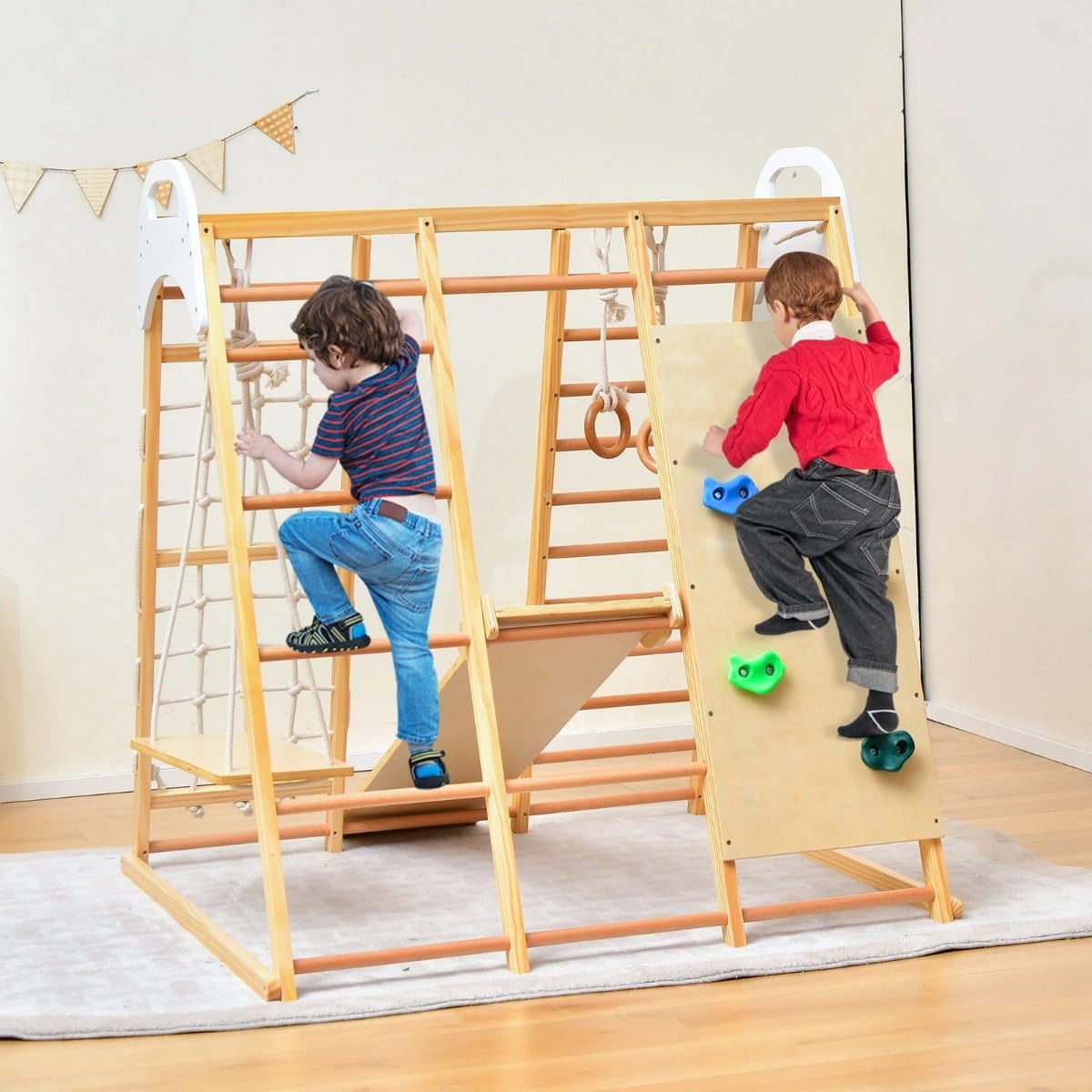 8in1 Medinė Montessori Žaidimų Aikštelė Su Čiuožykla, Laipiojimo Sienele, Supyne Sūpynės ir Žaidimų Aikštelės