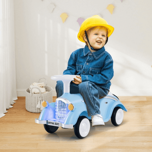 Vaikiška Mašinėlė Retro Stiliaus Su Garso Signalu Ir LED Žibintais, Mėlynas