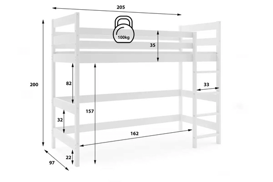 Aukšta Vaikiška Lova Antresolė Su Čiužiniu Ir Erdve Apačioje 90 x 200 cm Lovos Dviaukštės