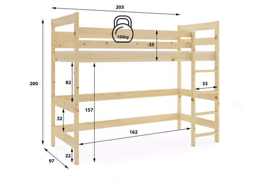Aukšta Vaikiška Lova Antresolė Su Čiužiniu Ir Erdve Apačioje 90 x 200 cm, Natūrali spalva Lovos Antresolės