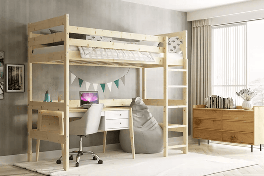 Aukšta Vaikiška Lova Antresolė Su Čiužiniu Ir Erdve Apačioje 90 x 200 cm, Natūrali spalva Lovos Antresolės