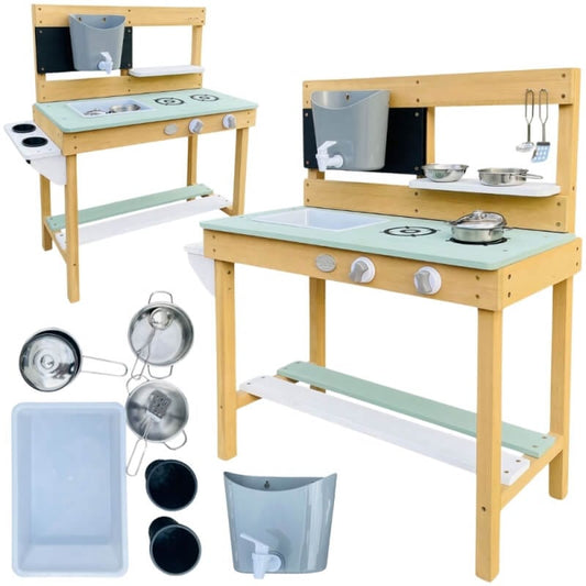AXI Didelė Medinė Lauko Virtuvėlė Vaikams Su Vandens Ir Smėlio Žaidimu Vaikiškos lauko virtuvėlės
