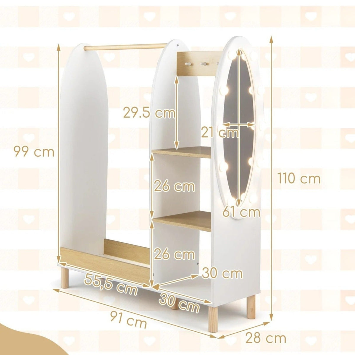 Balta Vaikiška Spinta Su LED Veidrodžiu 81 × 28 × 110 cm Spintos