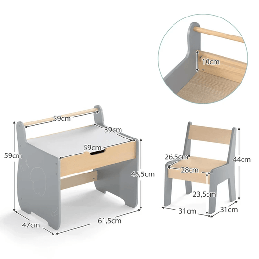 Daugiafunkcis Vaikiškas Stalas Su Kėdute, Daiktadėže Ir Kreidine Lenta, Pilkas Staliukai Kėdutės