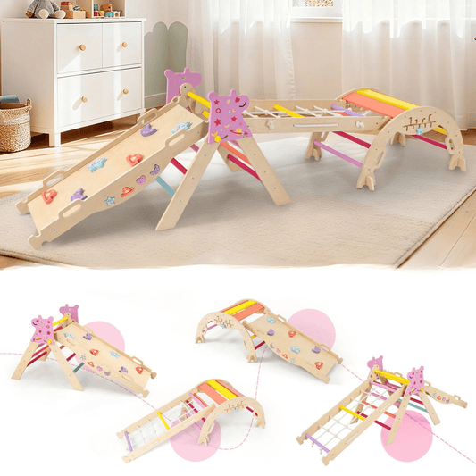Didelė Spalvinga Montessori Žaidimų Aikštelė 4 Dalių Laipiojimo Rinkinys, Rožinė Sūpynės ir Žaidimų Aikštelės
