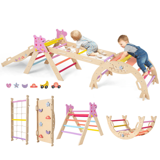 Didelė Spalvinga Montessori Žaidimų Aikštelė 4 Dalių Laipiojimo Rinkinys, Rožinė Sūpynės ir Žaidimų Aikštelės