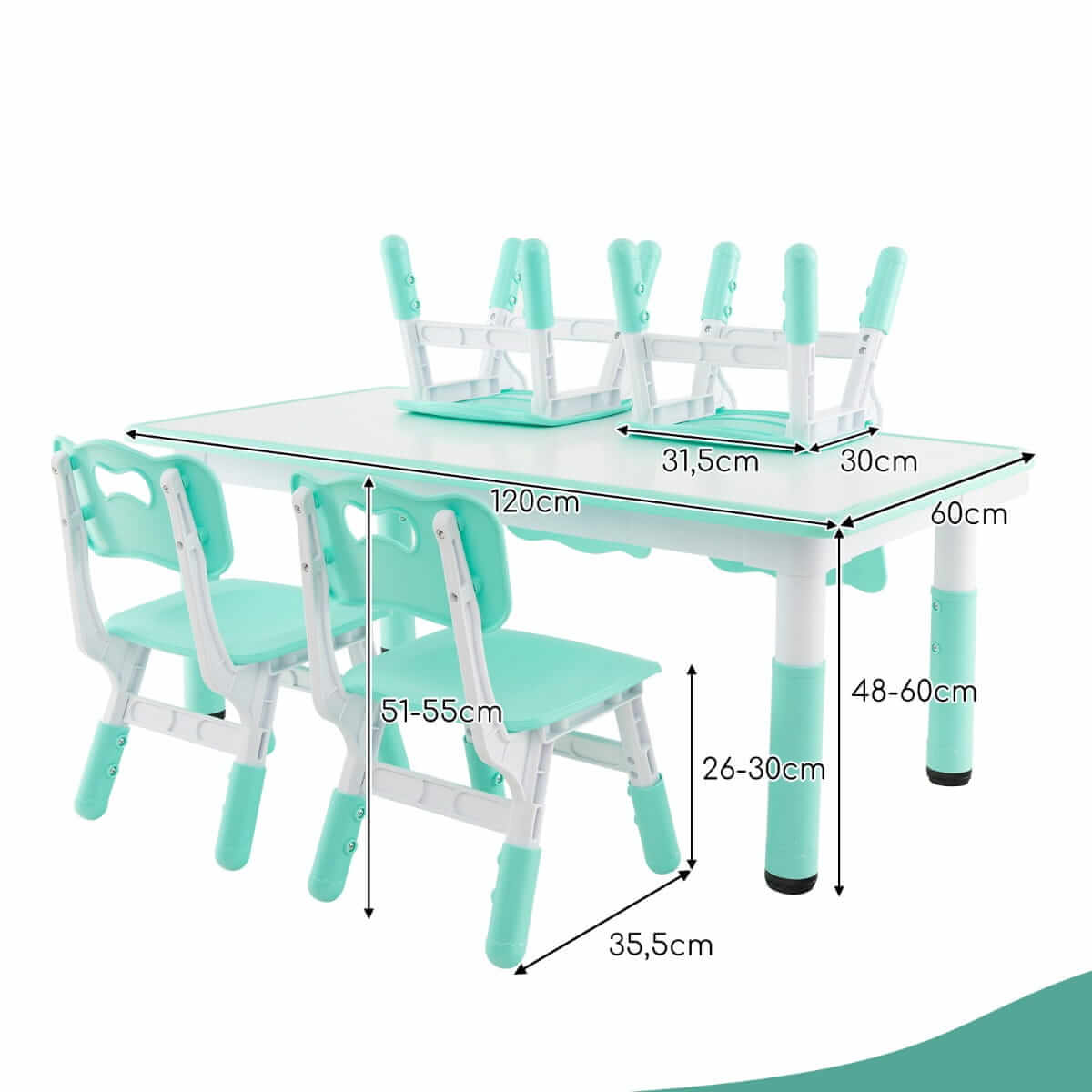 Didelis 7 Pakopų Reguliuojamas Vaikiškas Stalas Ir 4 Reguliuojamos Kėdės, Žalias Staliukai Kėdutės