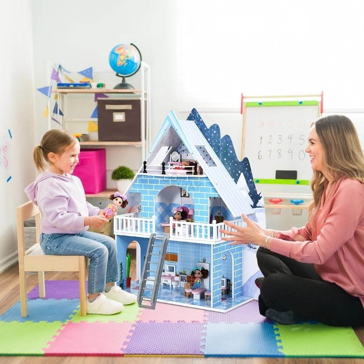 Didelis Medinis Vaikiškas Lėlių Namelis 3 Lėlės Ir Baldai 80 x 29 x 94 cm Lėlių namelis, žaidimų rinkinys ir žaislinės figūrėlės