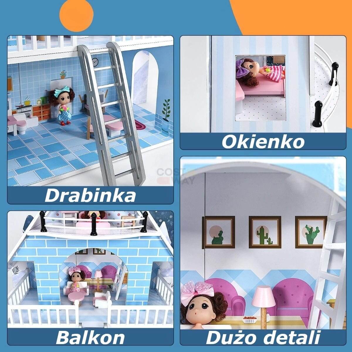 Didelis Medinis Vaikiškas Lėlių Namelis 3 Lėlės Ir Baldai 80 x 29 x 94 cm Lėlių namelis, žaidimų rinkinys ir žaislinės figūrėlės