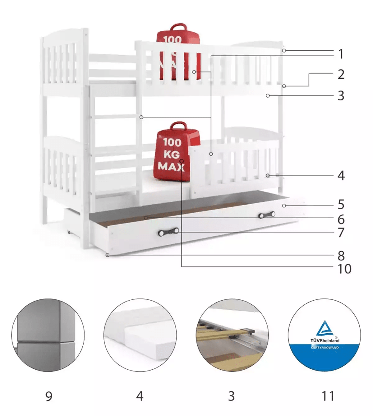 Dviaukštė Vaikiška Lova "CUBUS" Su Stalčiumi 80 x 190 cm Baltas Rėmas 9001 Lovos Dviaukštės