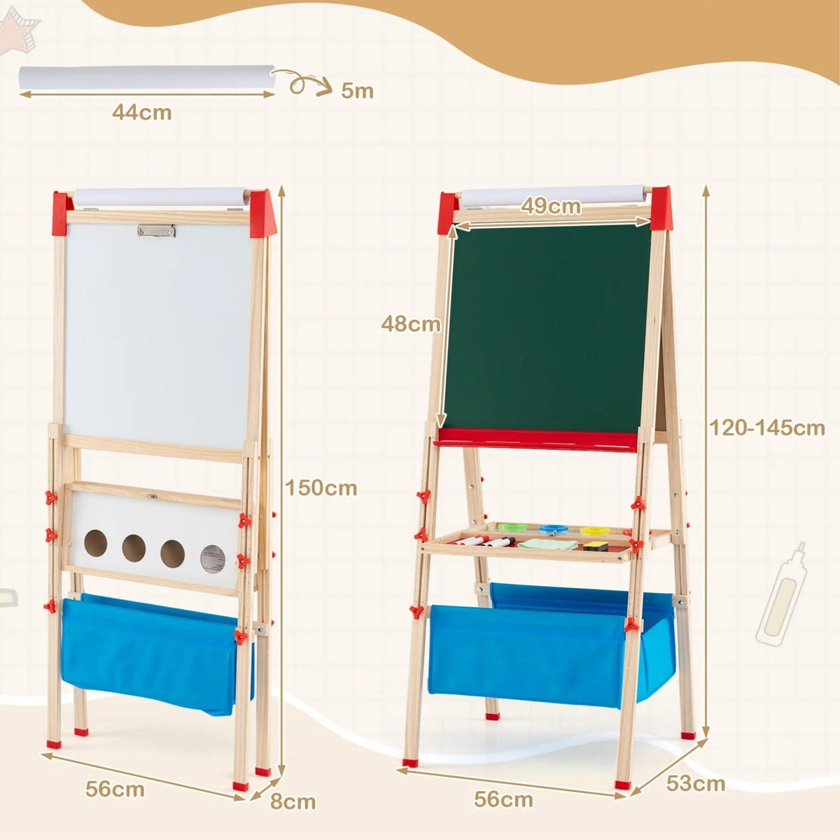 Dvipusė Magnetinė Piešimo Lenta Vaikams 56 × 53 × 120–145 cm Piešimo Lentos