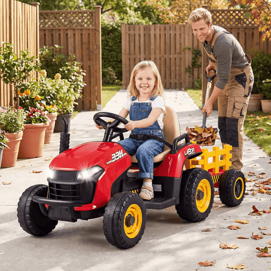 Elektrinis Vaikiškas Traktorius su Priekaba ir Nuotoliniu Valdymu 7 km/h Transporto Priemonės Raudona