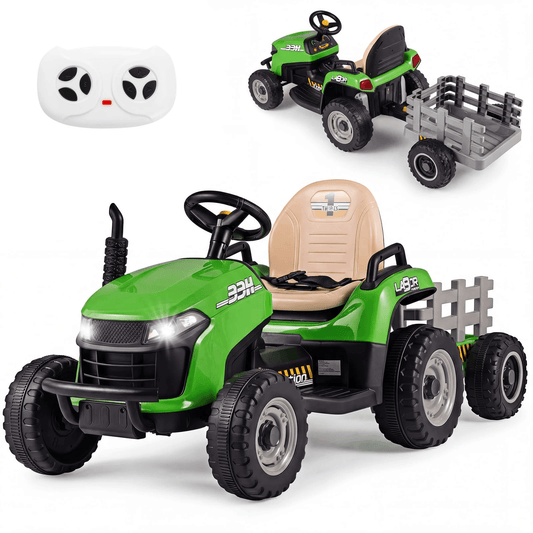 Elektrinis Vaikiškas Traktorius su Priekaba ir Nuotoliniu Valdymu 7 km/h Transporto Priemonės Žalia