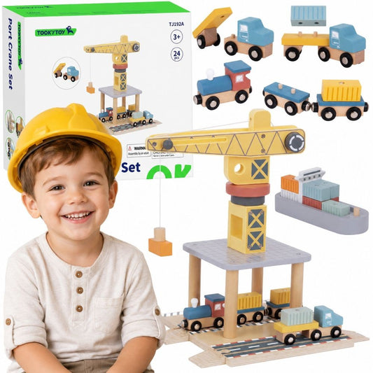 Tooky Toy medinis uosto rinkinys su kranu ir transportu – 1