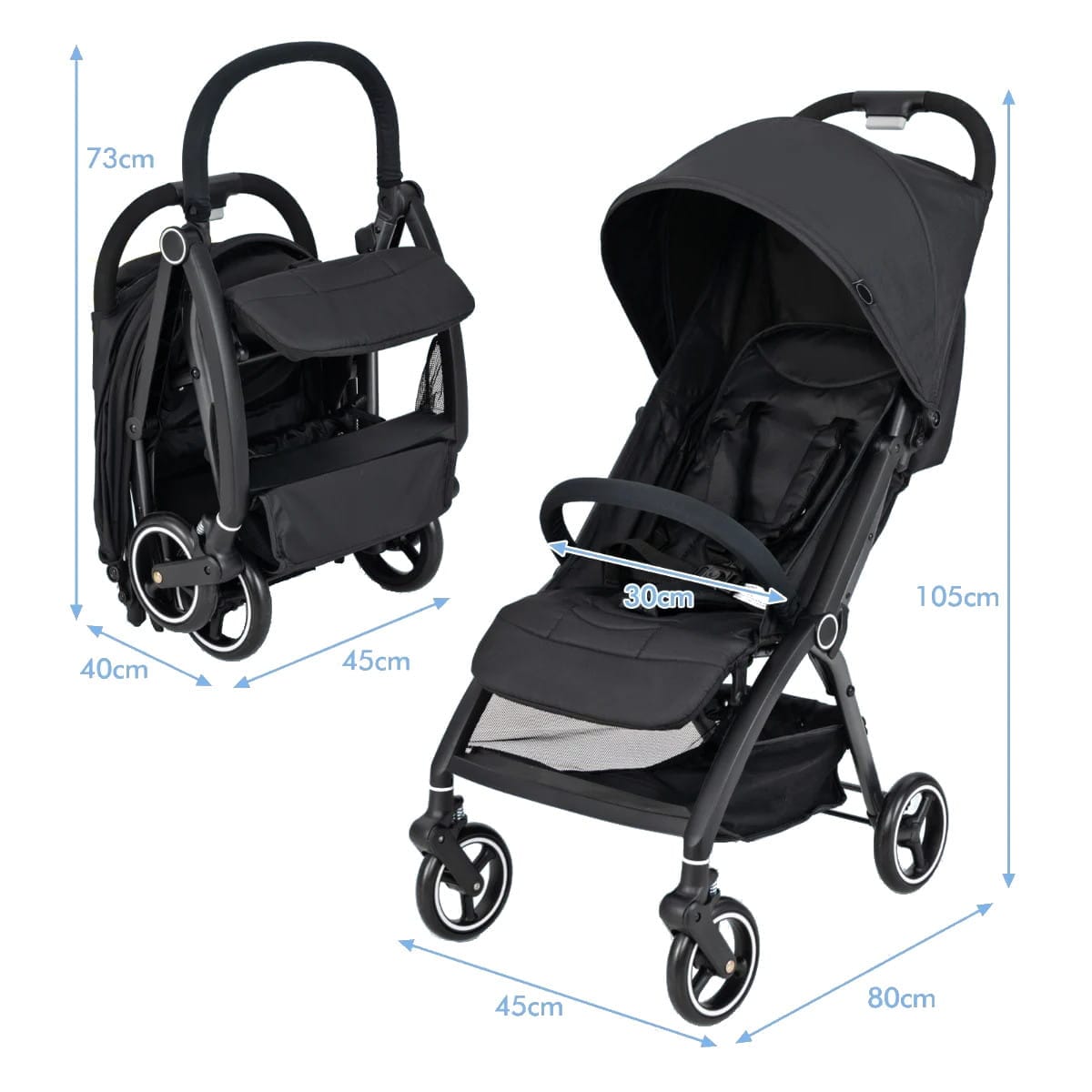 Juodas Sulankstomas Vaikiškas Vežimėlis Su Reguliuojamu Atlošu Ir 5 Taškų Diržais Vaikiški Vežimėliai