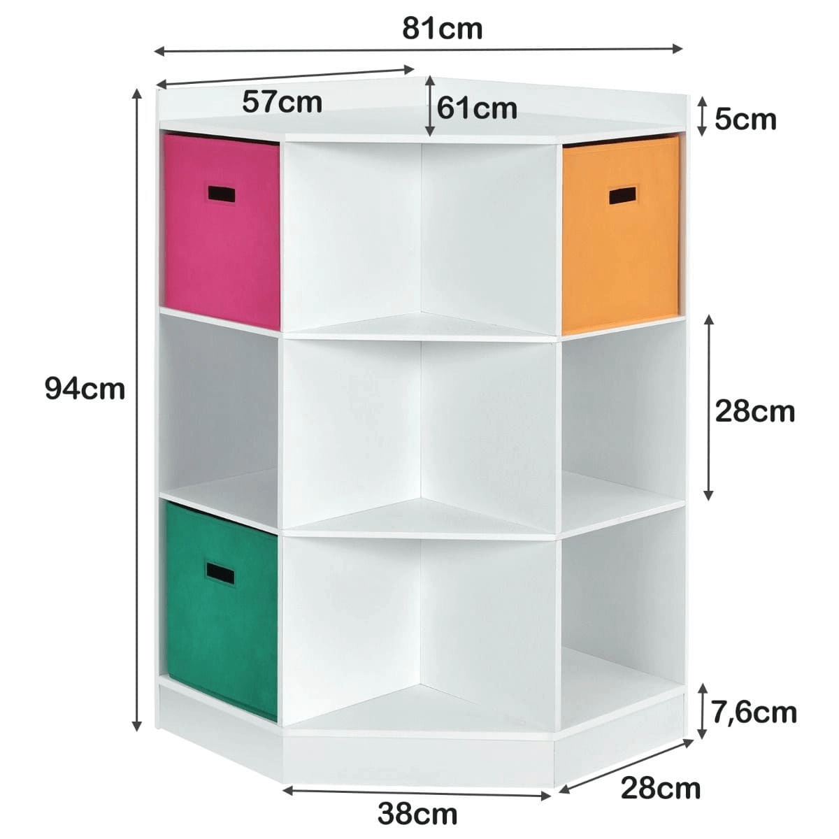 Kampinė Spintelė Lentyna Su Krepšeliais – Balta MDF 94 cm Žaislų Dėžės Ir Lentynos