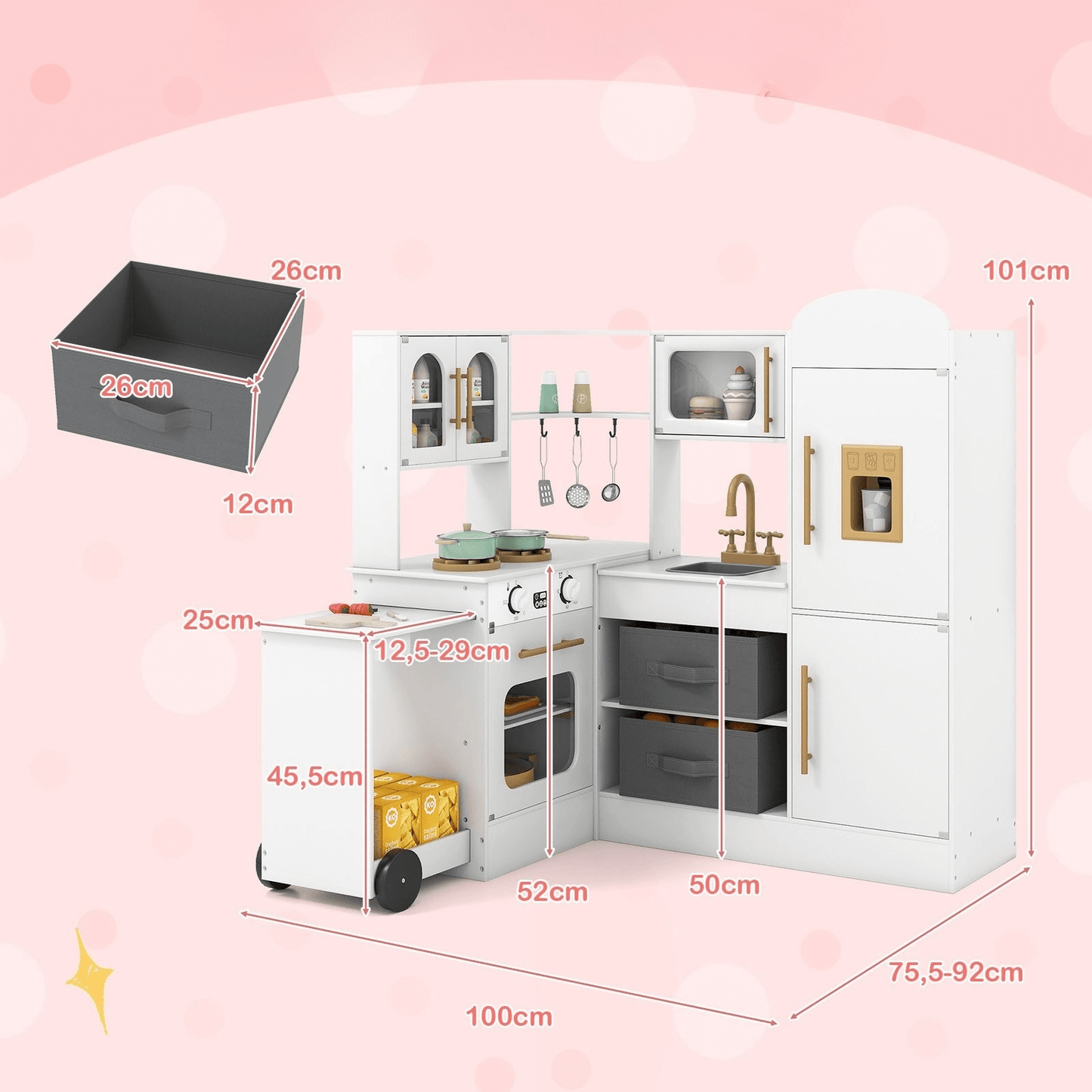Kampinė Vaikiška Virtuvėlė Su Šviesomis Ir Garsais – Balta MDF Virtuvė Vaikiškos Virtuvėlės