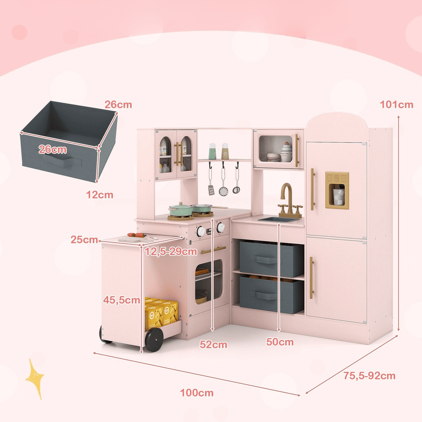 Kampinė Vaikiška Virtuvėlė Su Šviesomis Ir Garsais – Rožinė MDF Virtuvė Vaikiškos Virtuvėlės