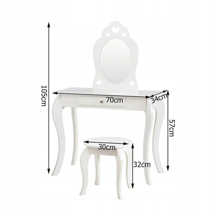 Kosmetinis Staliukas Mergaitei Su Veidrodžiu Ir Taburete Baltos Spalvos Tualetinis Staliukas