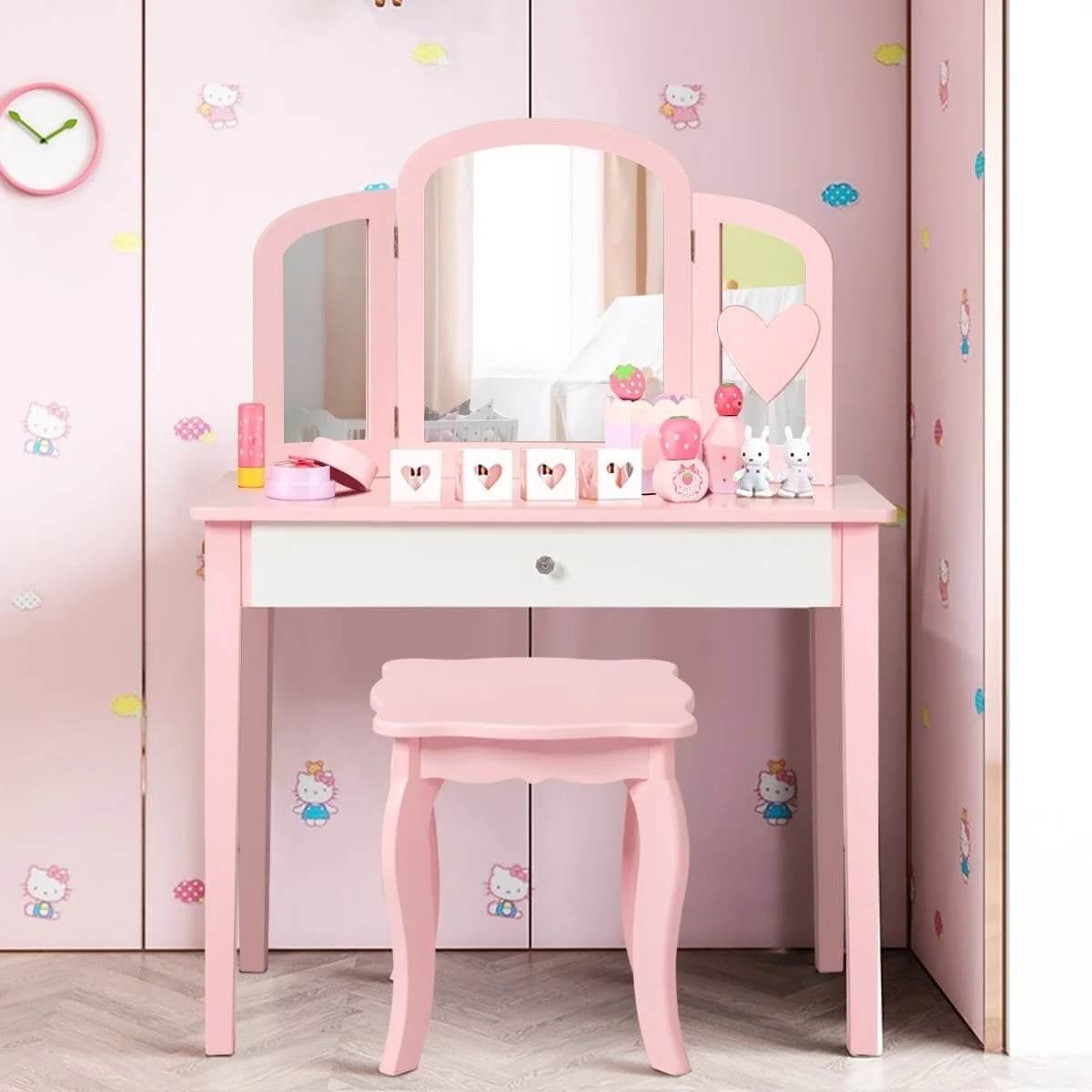 Kosmetinis Tualetinis Staliukas Rožinis Su Veidrodžiu Ir Kėdute 95 × 70 × 34 cm Kosmetinis Staliukas