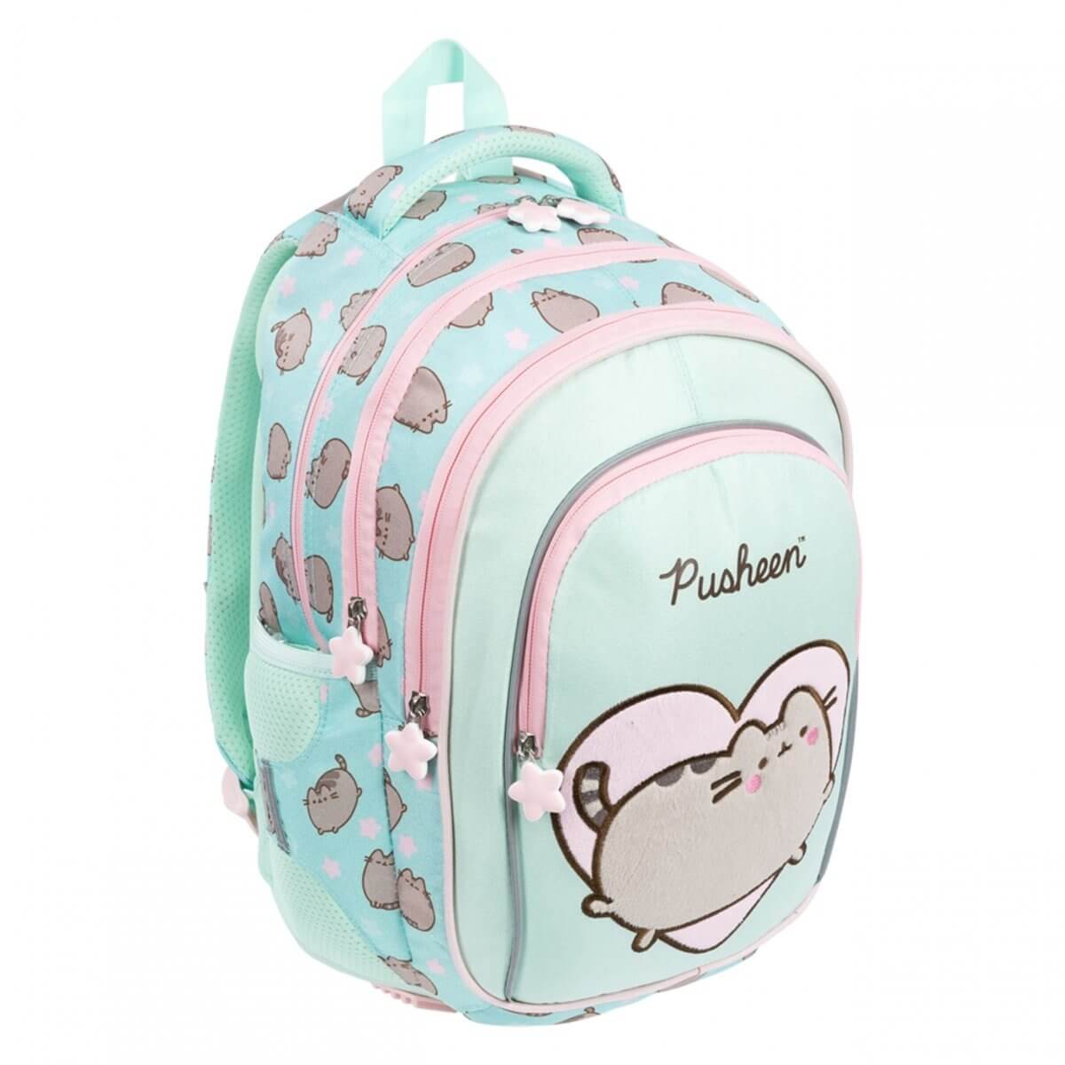 Kuprinė Mergaitėms Su Pusheen Dizainu Ir 5 Priedais Mokyklai 40x28x18 cm Kuprinė Rinkinys