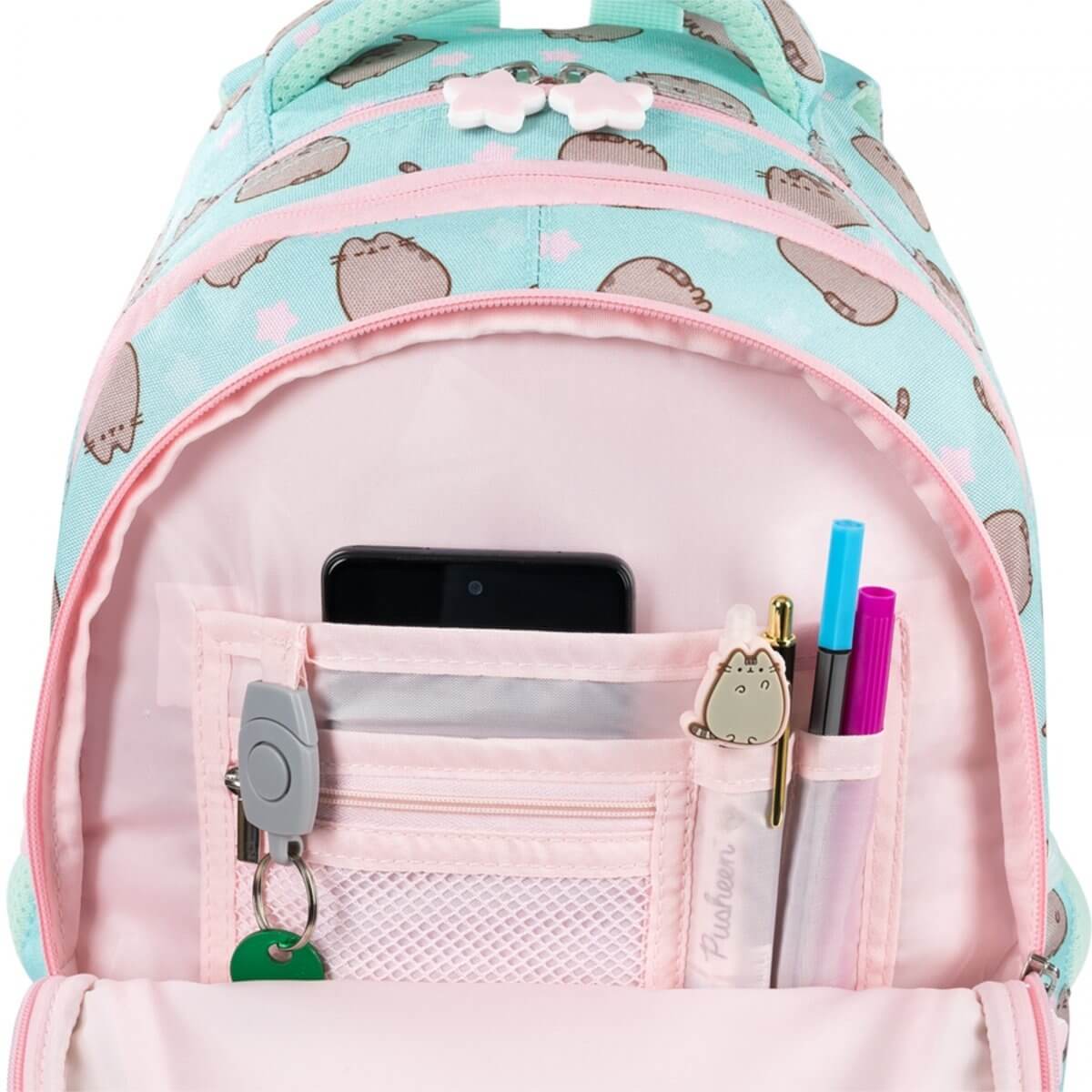 Kuprinė Mergaitėms Su Pusheen Dizainu Ir 5 Priedais Mokyklai 40x28x18 cm Kuprinė Rinkinys