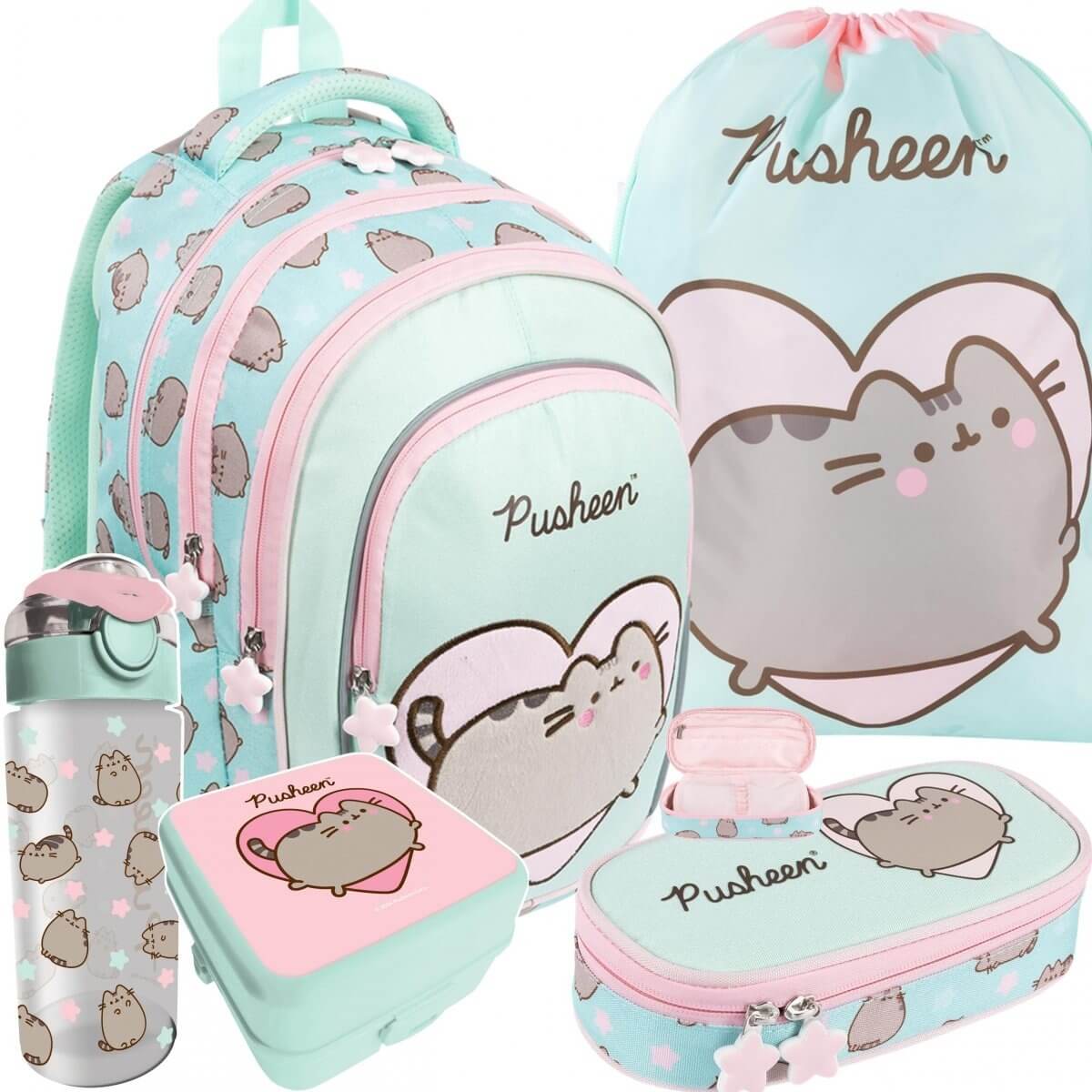 Kuprinė Mergaitėms Su Pusheen Dizainu Ir 5 Priedais Mokyklai 40x28x18 cm Kuprinė Rinkinys