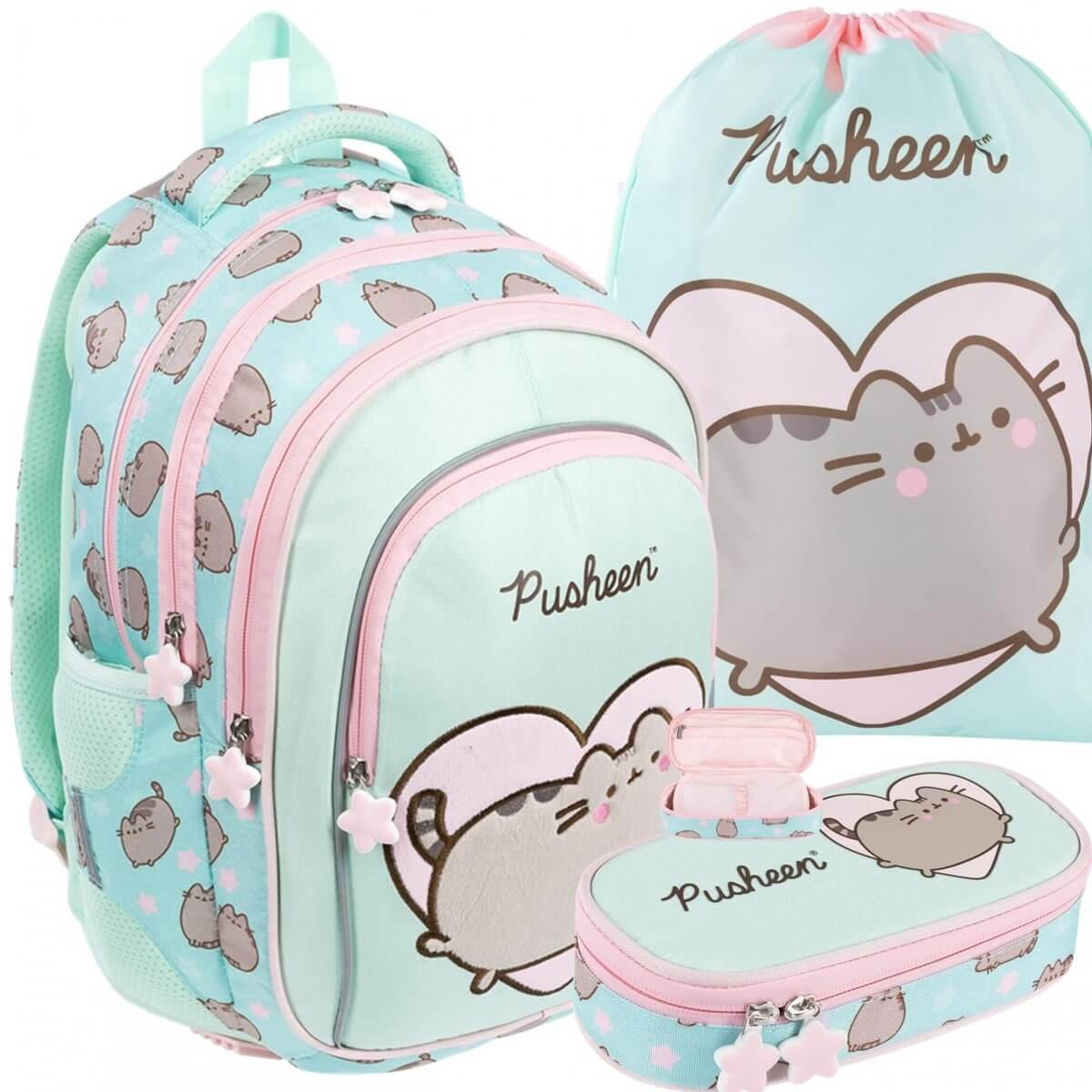 Kuprinė Mergaitėms Su Pusheen Dizainu Ir Priedais Mokyklai 40x28x18 cm Kuprinė Rinkinys