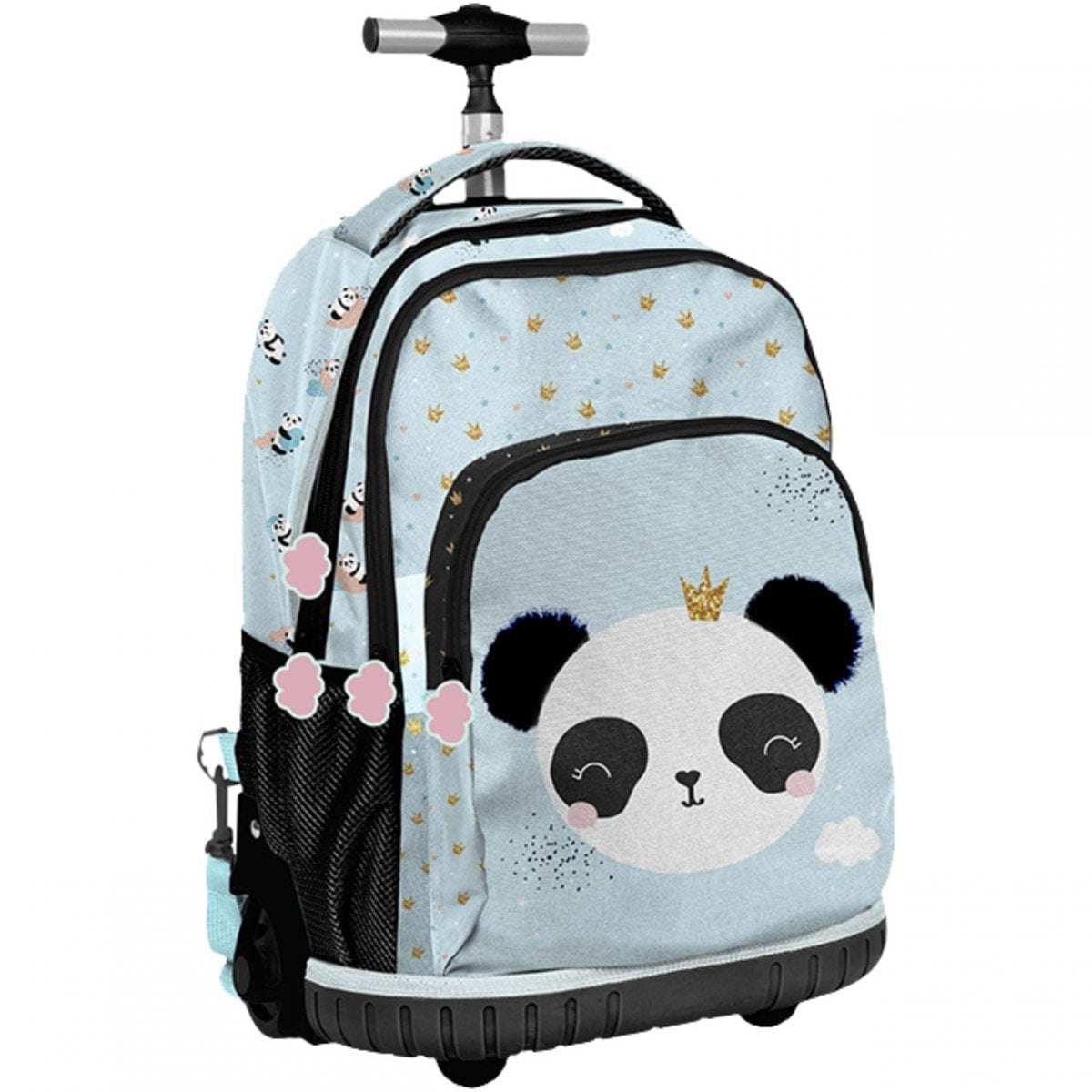 Kuprinė Pirmokui Mėtinė Panda Su Ratukais 36 cm Mokyklinis Rinkinys 3in1 Kuprinės