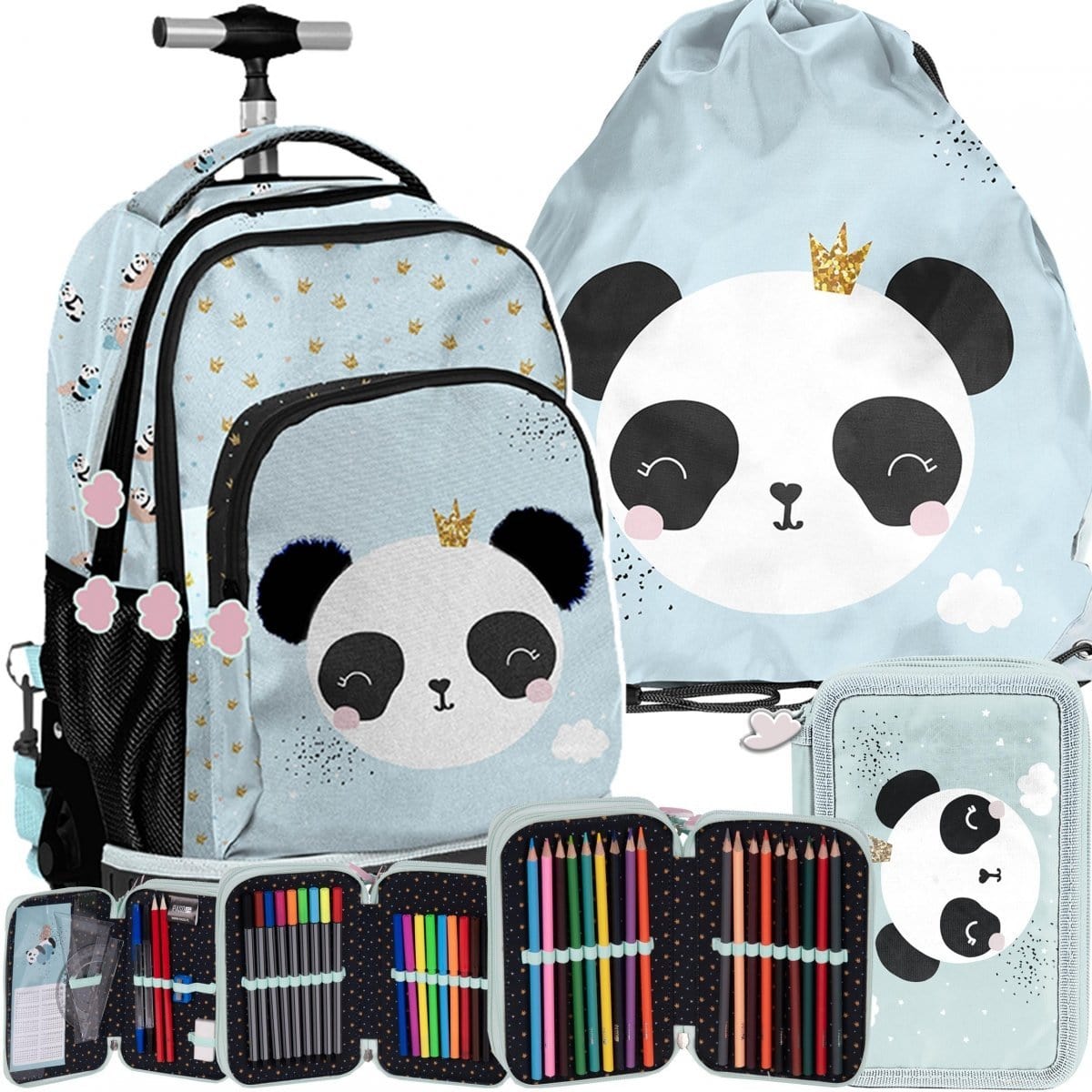 Kuprinė Pirmokui Mėtinė Panda Su Ratukais 36 cm Mokyklinis Rinkinys 3in1 Kuprinės