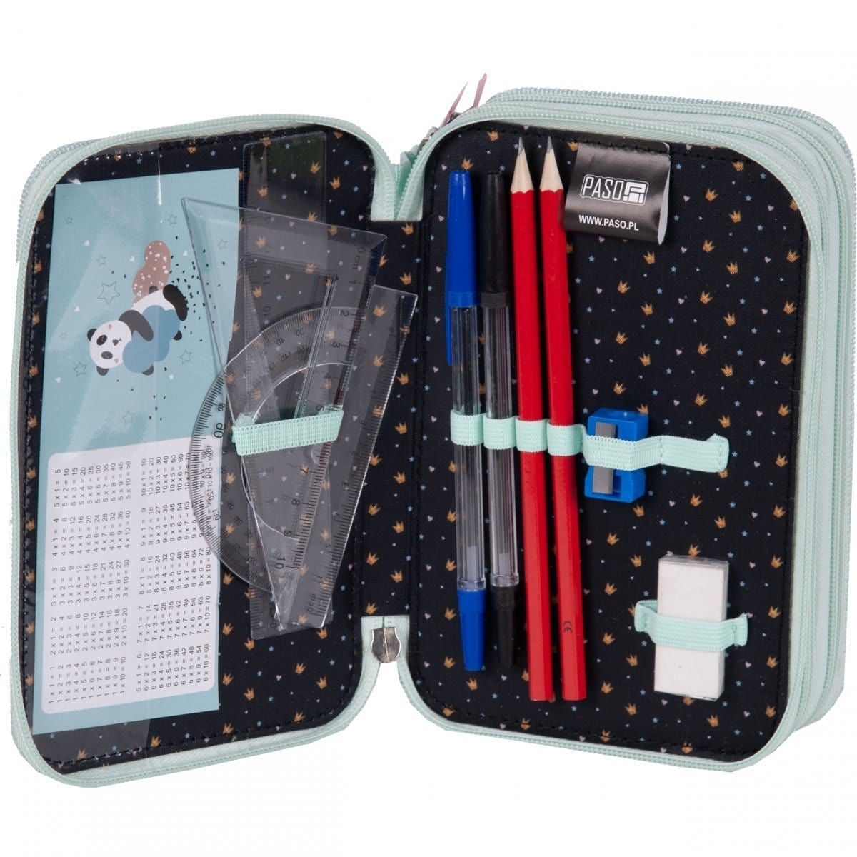 Kuprinė Pirmokui Mėtinė Panda Su Ratukais 36 cm Mokyklinis Rinkinys 3in1 Kuprinės