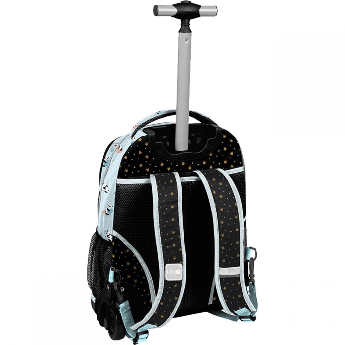 Kuprinė Pirmokui Mėtinė Panda Su Ratukais 36 cm Mokyklinis Rinkinys 3in1 Kuprinės