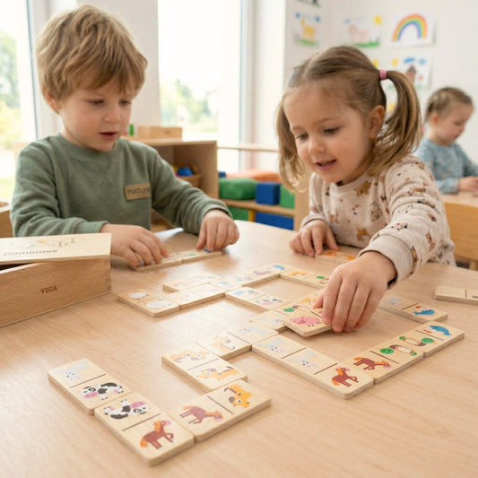 Vaikai žaidžia Viga medinį domino