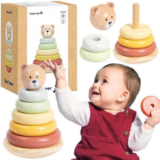 Tooky Toy medinė sensorinė meškiuko piramidė – nuotrauka 1