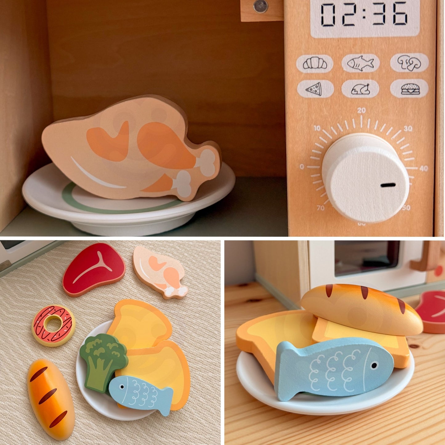 Tooky Toy medinė mikrobangų krosnelė su maisto produktais – 5 nuotrauka