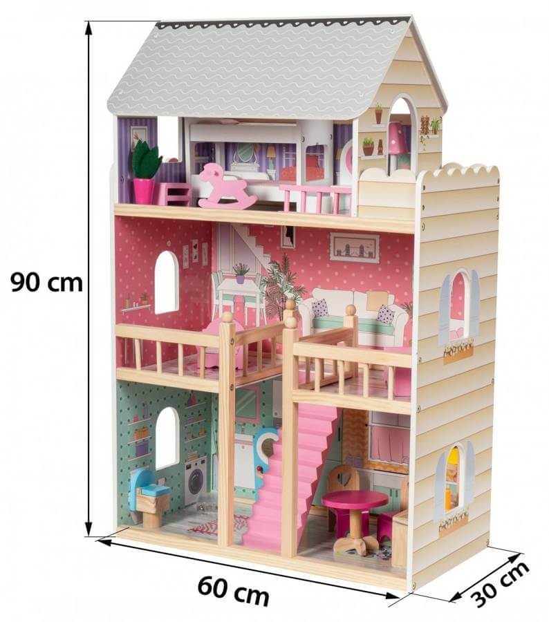 Mamabrum Didelis Medinis Lėlių Namas Su Terasa Ir Baldais Lėlių Namas