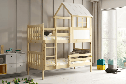 Medinė Dviaukštė Vaikiška Lova Namelis Su Čiužiniais 190 x 90 cm Lovos Antresolės