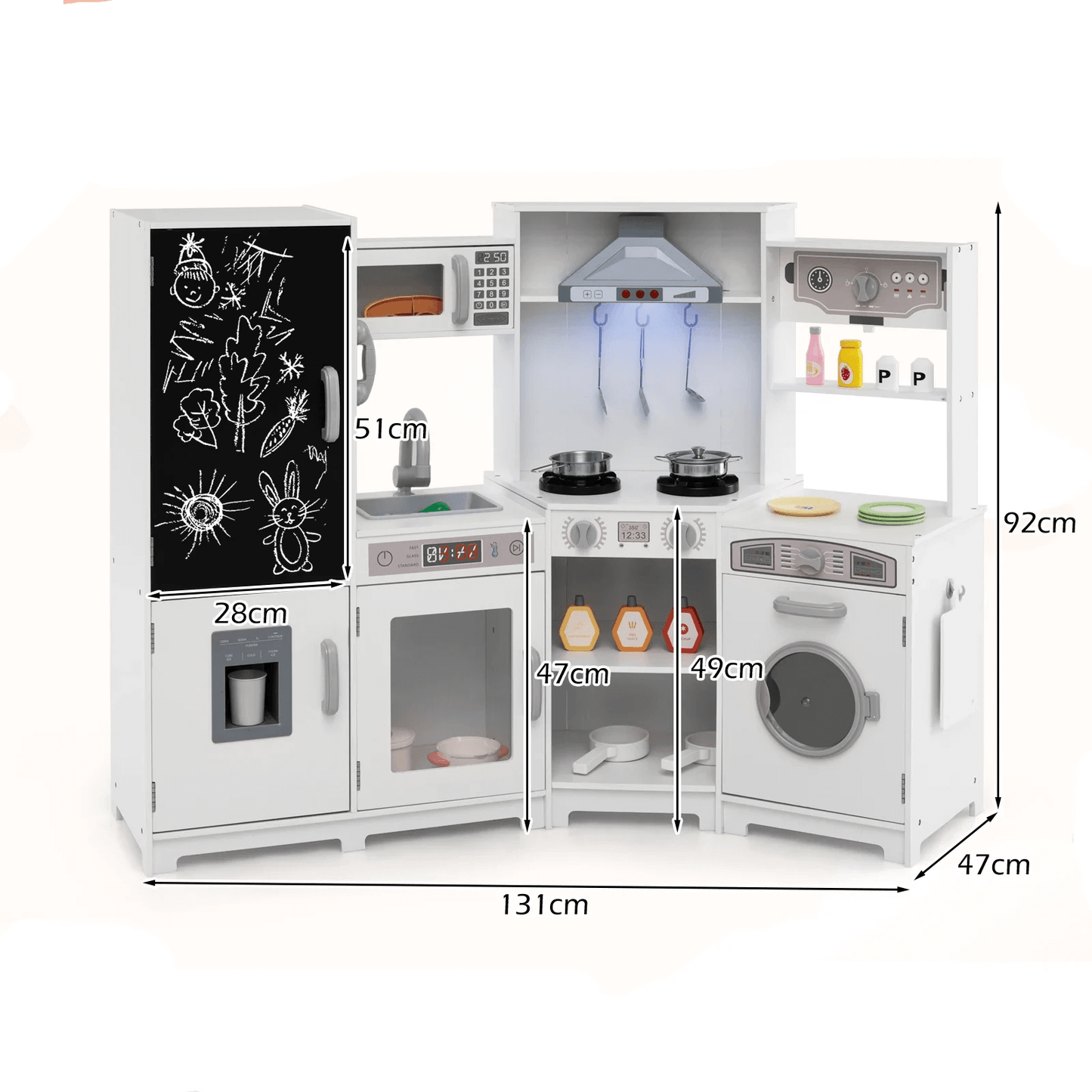 Medinė Kampinė Vaikiška Virtuvėlė Su Priedais Ir Šviesomis, Balta Vaikiškos Virtuvėlės
