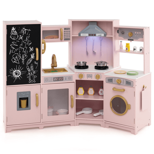 Medinė Kampinė Vaikiška Virtuvėlė Su Priedais Ir Šviesomis, Rožinė Vaikiškos Virtuvėlės