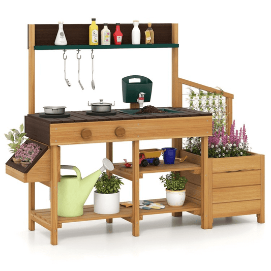 Medinė Lauko Virtuvė Vaikams Su Kriaukle Ir Mini Darželiu Vaikiškos lauko virtuvėlės