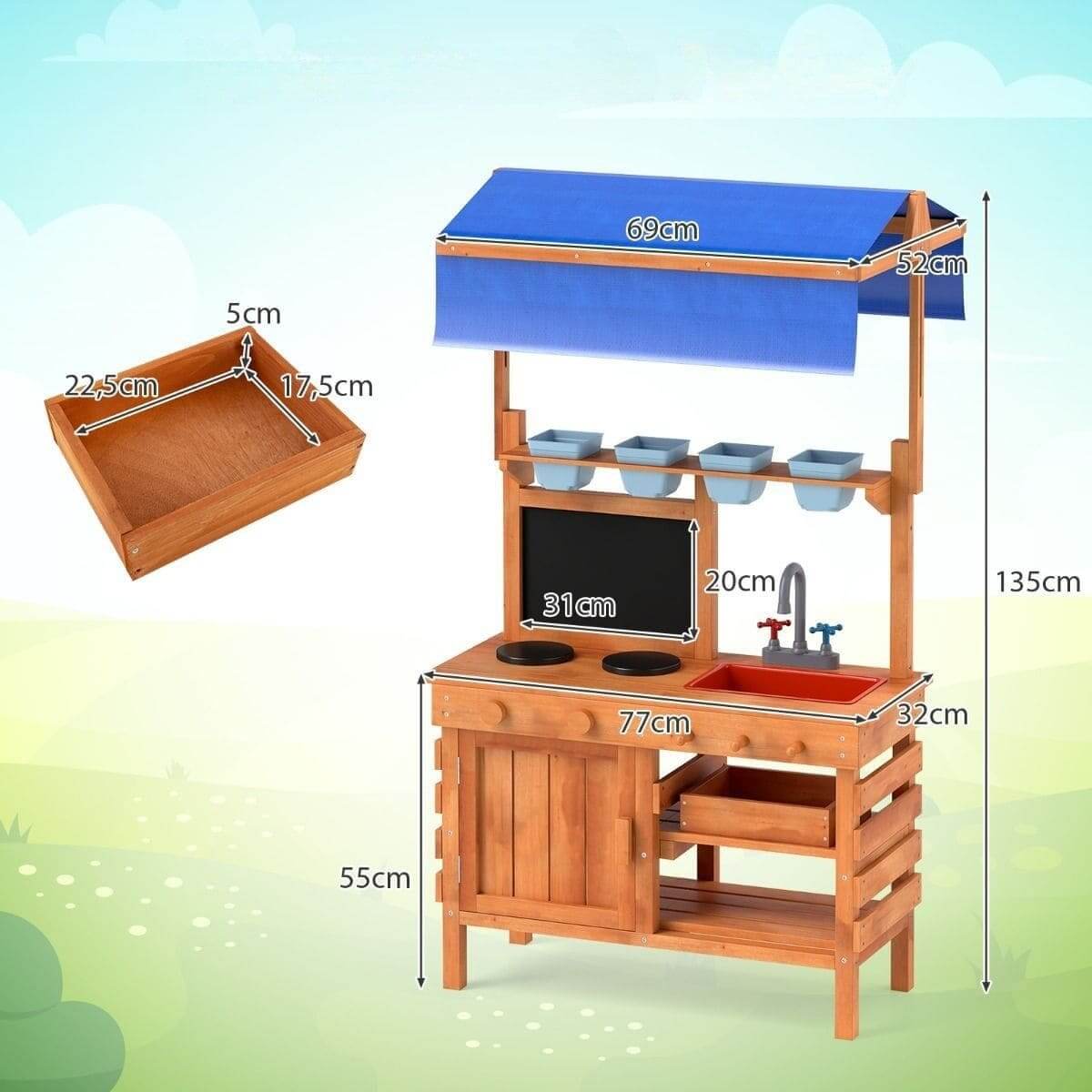 Medinė Lauko Žaidimų Virtuvėlė Vaikams Su Daug Priedų Ir Gėlių Vazonais Vaikiškos lauko virtuvėlės