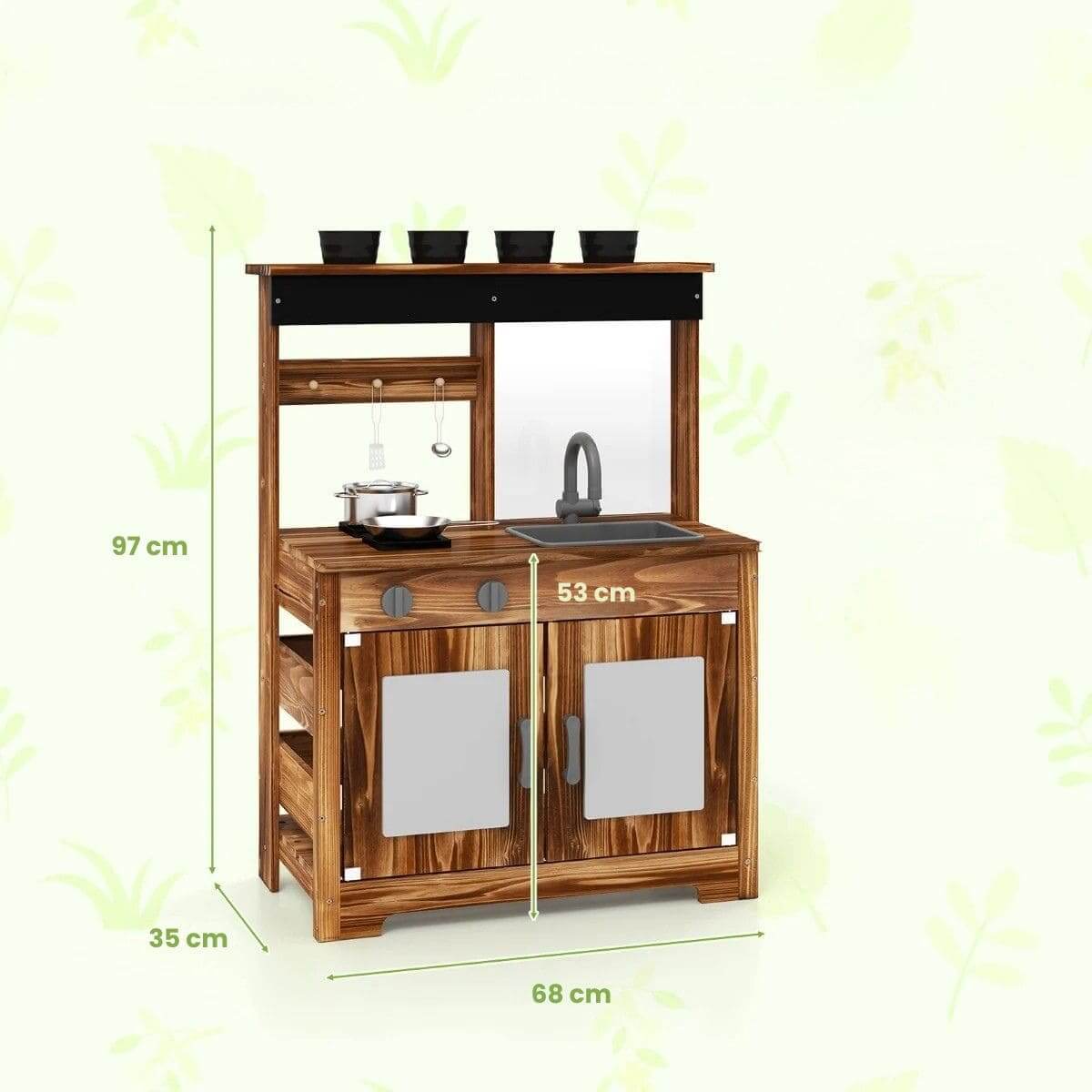 Medinė Lauko Žaidimų Virtuvėlė Vaikams Su Gėlių Vazonais Ir Piešimo Lenta Vaikiškos lauko virtuvėlės