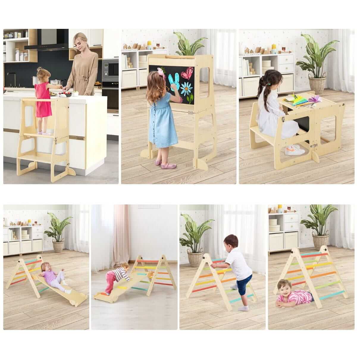 Medinė Montessori Laipynė Vaikams 7in1 Su Montessori Bokšteliu, Spalvotas 1374 Sūpynės ir Žaidimų Aikštelės