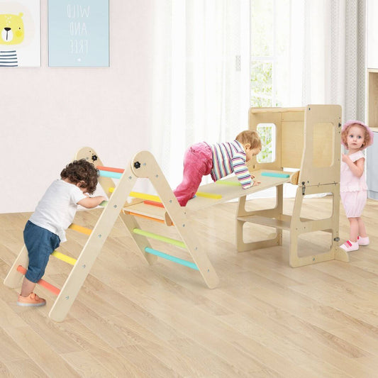 Medinė Montessori Laipynė Vaikams 7in1 Su Montessori Bokšteliu, Spalvotas 1374 Sūpynės ir Žaidimų Aikštelės
